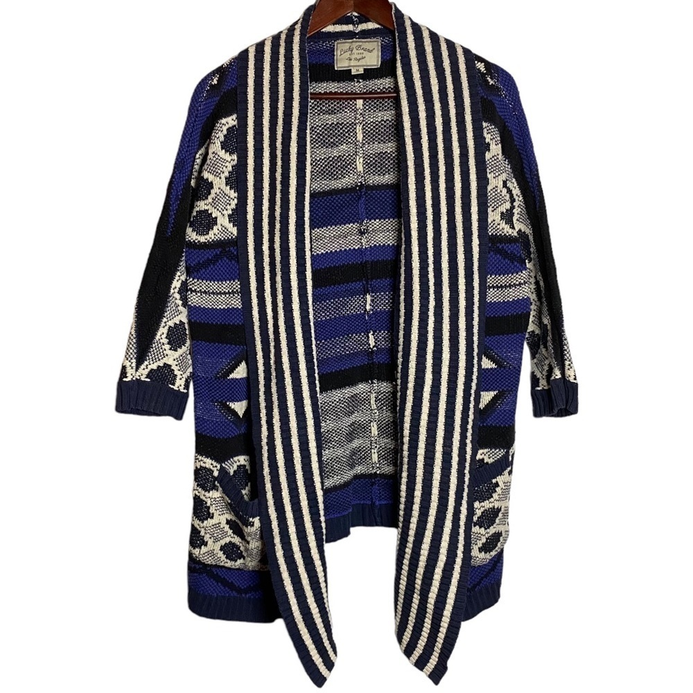 Lucky Brand Aztec Tribal Open Front Cardigan Pockets Oversized Drop Shoulders M